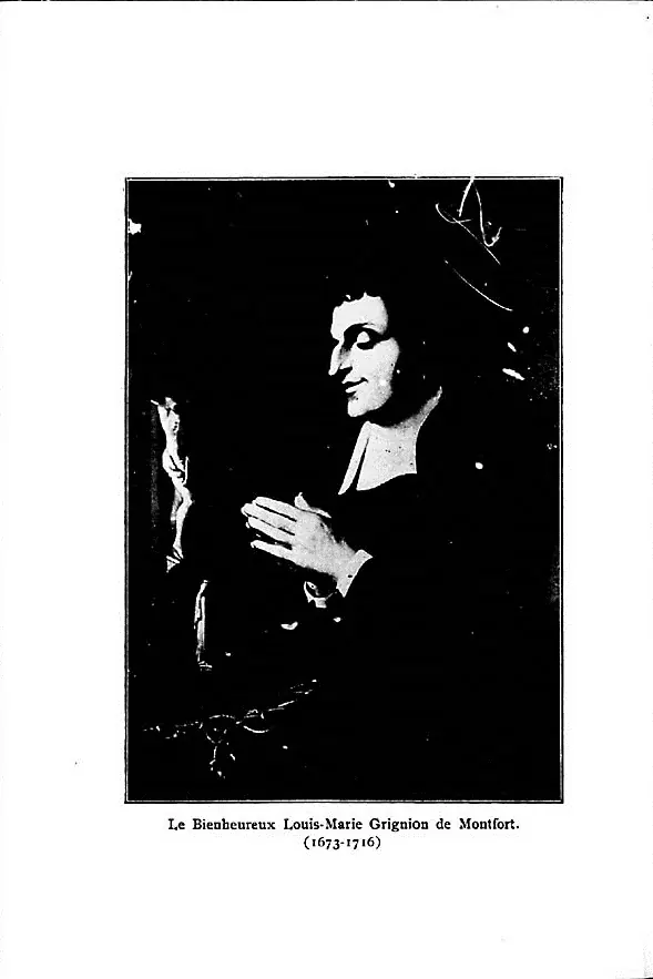 Black-and-white engraved portrait of Louis de Montfort in profile in a dark cassock, hands joined in prayer, looking toward a small crucifix