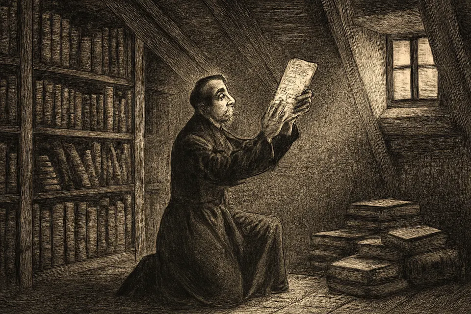 Illustration of a priest in 1842 discovering Montfort's handwritten manuscript of True Devotion among old books