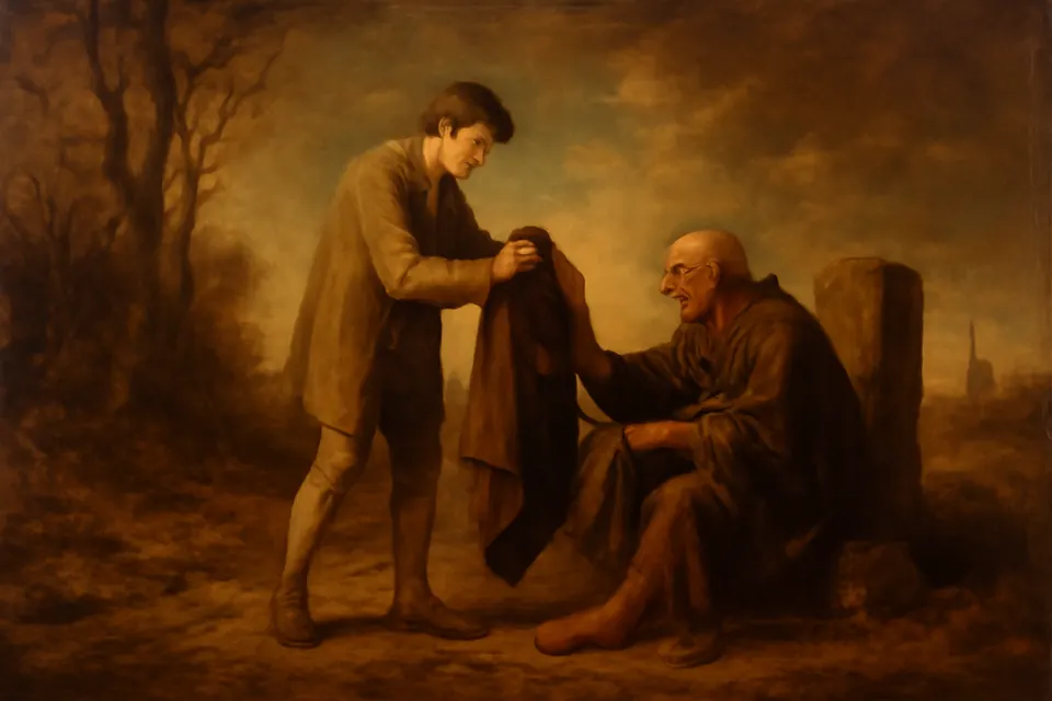 Illustration of the young Louis-Marie Grignion exchanging his coat with a beggar on the road to Paris