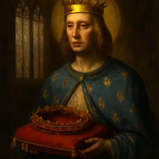 Oil-painting-style portrait of St. Louis IX as a slender, beardless medieval king in a gold crown and a blue mantle with gold fleurs-de-lis, holding the Crown of Thorns on a cushion