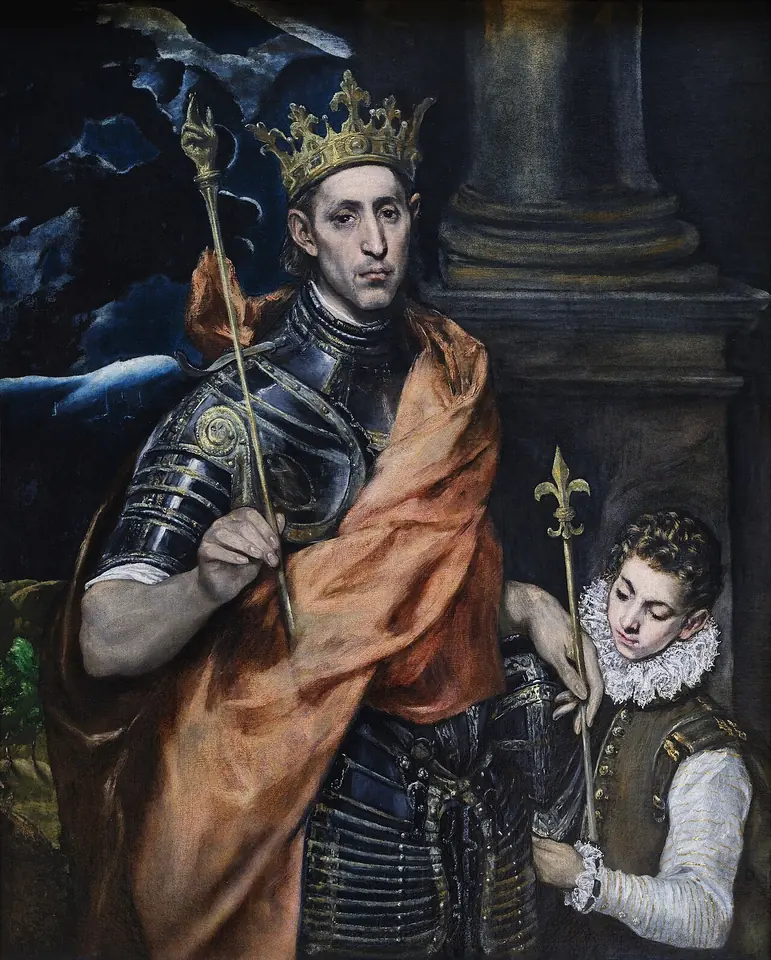 El Greco's painting of St. Louis in black armor, a crown and an orange cloak, holding a scepter, beside a young page in a ruff who holds a scepter topped with a fleur-de-lis