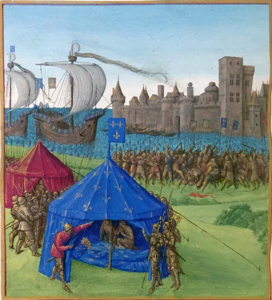 Fouquet miniature of the dying king lying in a blue tent covered with gold fleurs-de-lis, with an army, ships and the walls of Tunis behind