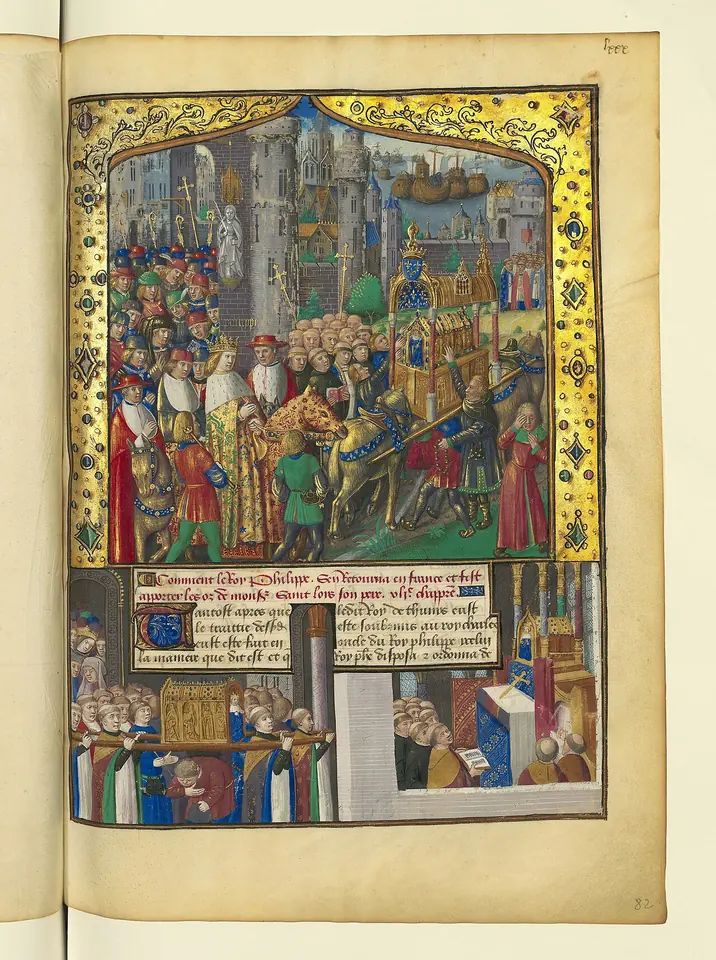 Illuminated page showing a crowded procession carrying the king's remains through a city, and below it sick people gathered around a gilded shrine