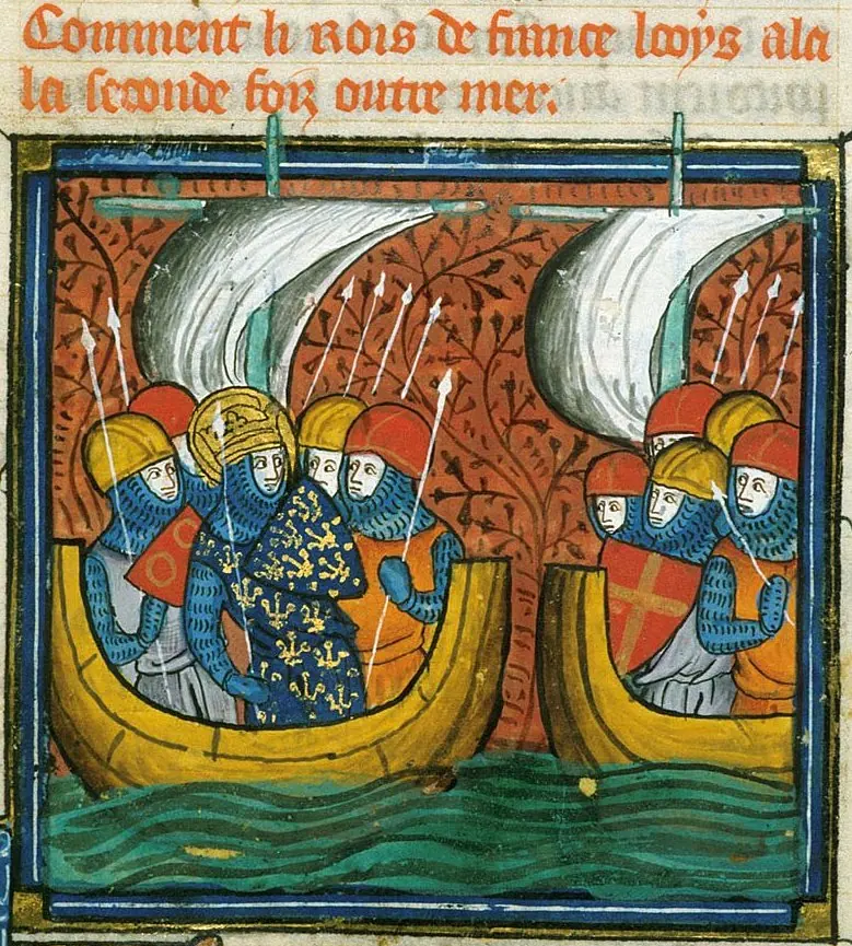 Medieval miniature of two ships full of knights in blue armor and red helmets, the king's banner with gold fleurs-de-lis among them, sailing on green waves