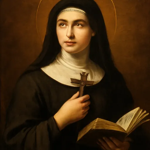 Oil-painting-style portrait of St. Lucy Filippini, a young Italian woman in a dark habit and veil, holding a small crucifix and an open book