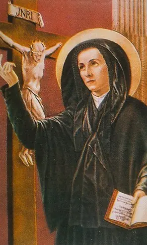 Devotional painting of a young nun in a dark habit and veil with a golden halo, holding an open book and looking up toward a crucifix