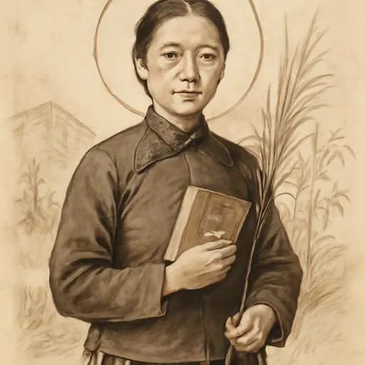 Ink-wash portrait of St. Lucy Yi Zhenmei as a Chinese woman in her forties in a plain dark Qing-dynasty jacket, holding a small book and a palm branch