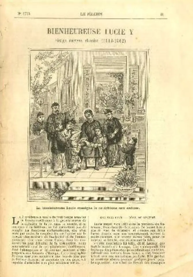 Old French magazine page headed Bienheureuse Lucie Y with an engraving of a woman teaching a group of Chinese children in a courtyard, with two columns of text below