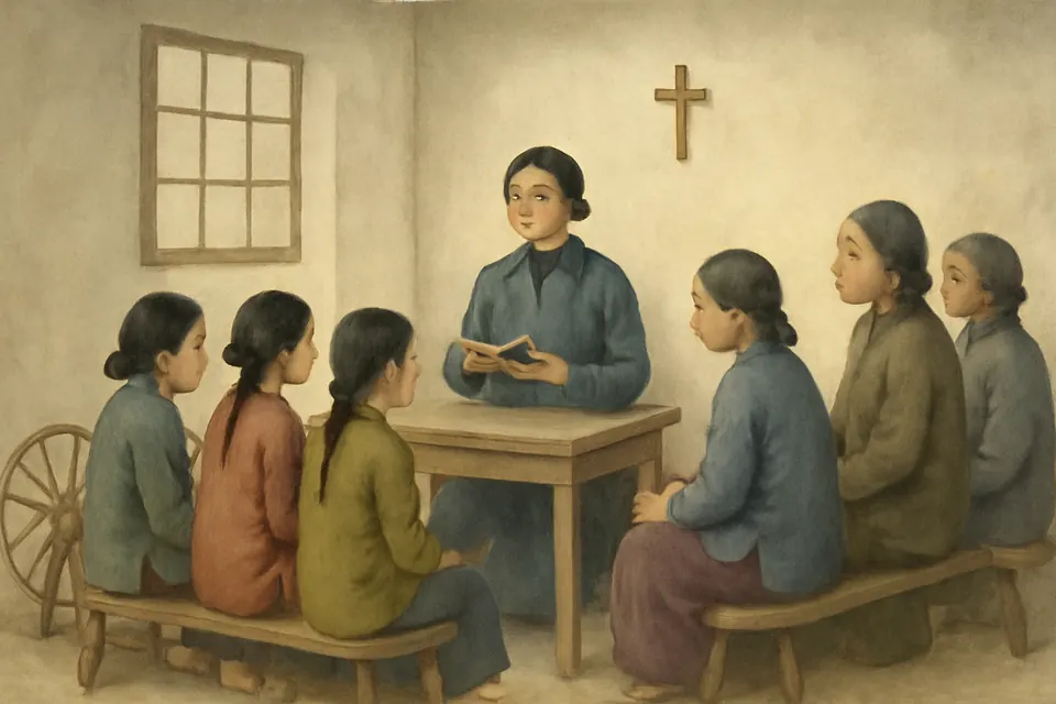Watercolor scene of Lucy Yi Zhenmei teaching the catechism to a group of village girls and women in a simple room in Sichuan