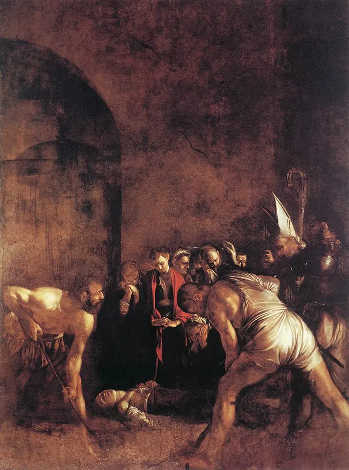 Cuadro barroco y oscuro en el que dos enormes sepultureros cavan en primer plano mientras los dolientes, un obispo y un soldado rodean el cuerpo de Lucía tendido en el suelo