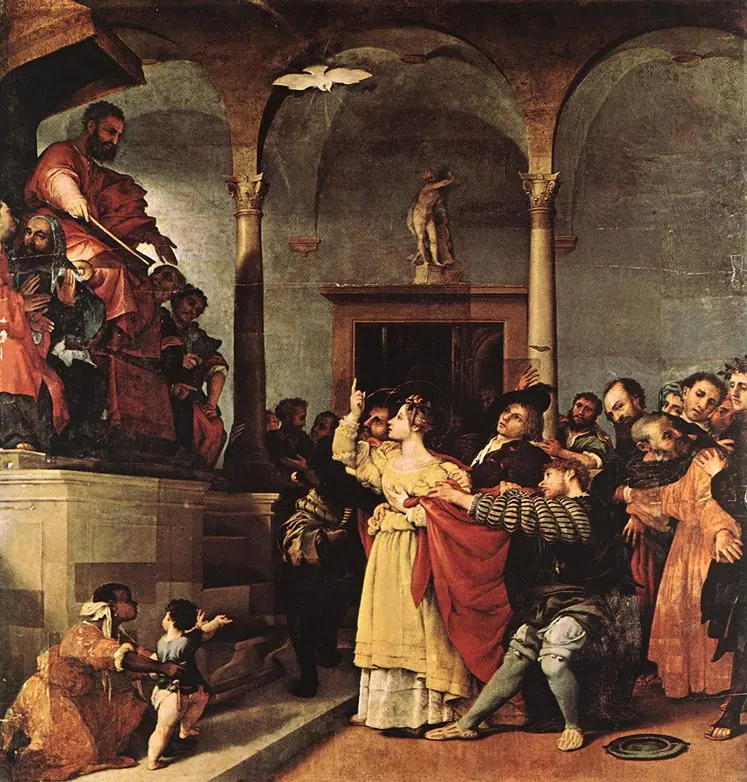 Pintura de Lorenzo Lotto de Santa Lucía firme ante el juez Pascasio, sentado, mientras un grupo de hombres tira de ella