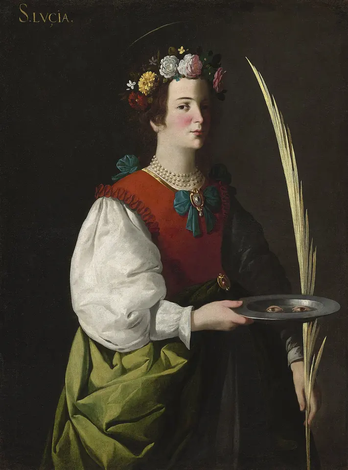 Cuadro del barroco español de Lucía con corpiño rojo, mangas blancas y flores en el pelo, que sostiene una palma y un plato de plata con dos ojos sobre fondo oscuro