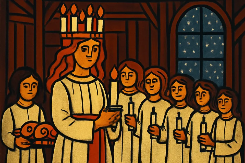 Illustration of a Scandinavian St. Lucy's Day procession led by a girl wearing a crown of candles