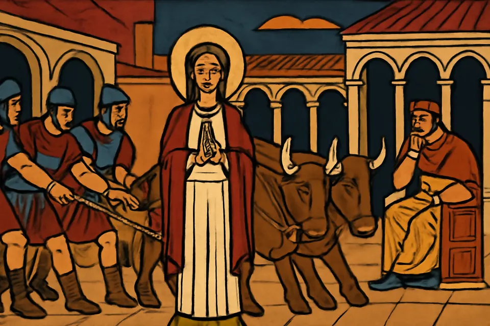 Illustration of St. Lucy standing calmly in prayer while Roman guards and oxen fail to move her