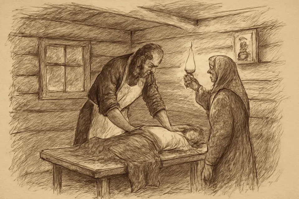 Ink drawing of a bearded bishop in a plain cassock operating by lamplight in a small log cabin in Siberia, with a village woman holding the lamp