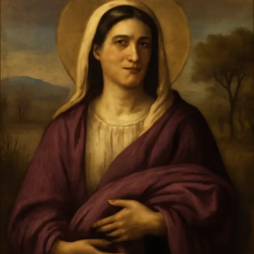 Oil-painting-style portrait of St. Lydia of Thyatira, a dignified woman in a cream veil and a deep purple mantle, holding a folded length of purple cloth beside a river