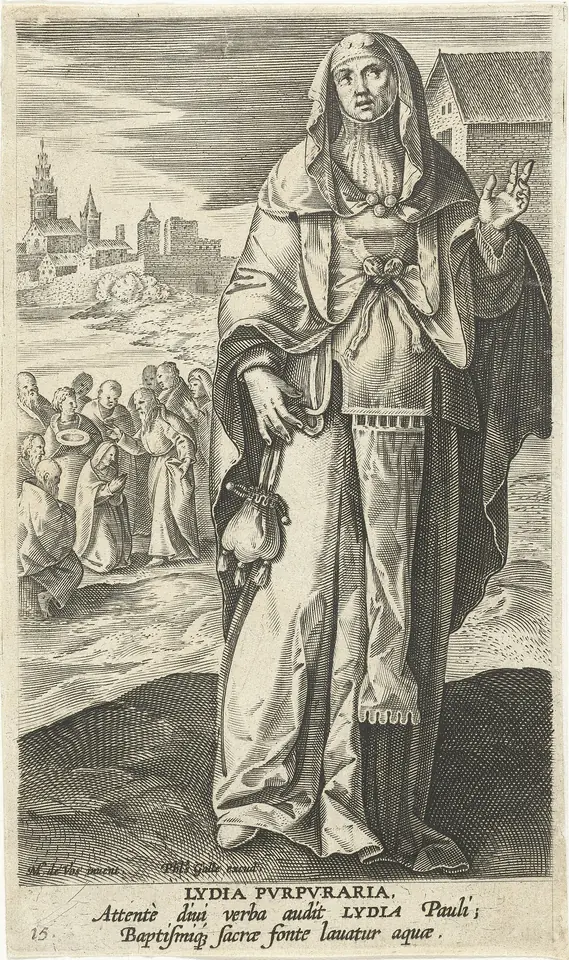 Engraving of a tall veiled woman holding cloth in the foreground, with a small scene of a baptism at a river behind her and a Latin inscription below