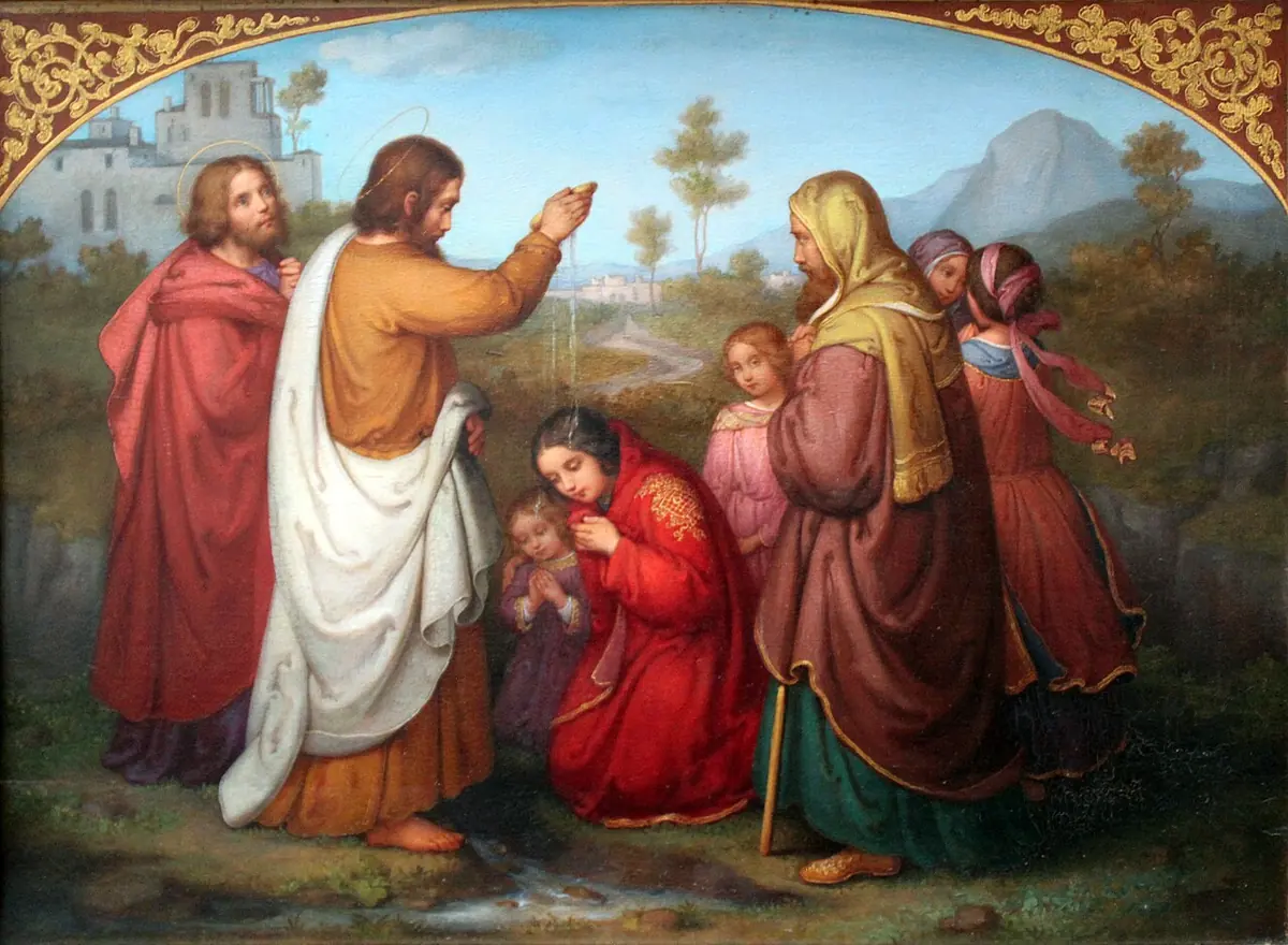 Painting of a young woman in red kneeling at a riverbank as a man in a white cloak pours water over her head, with other women and an older man watching