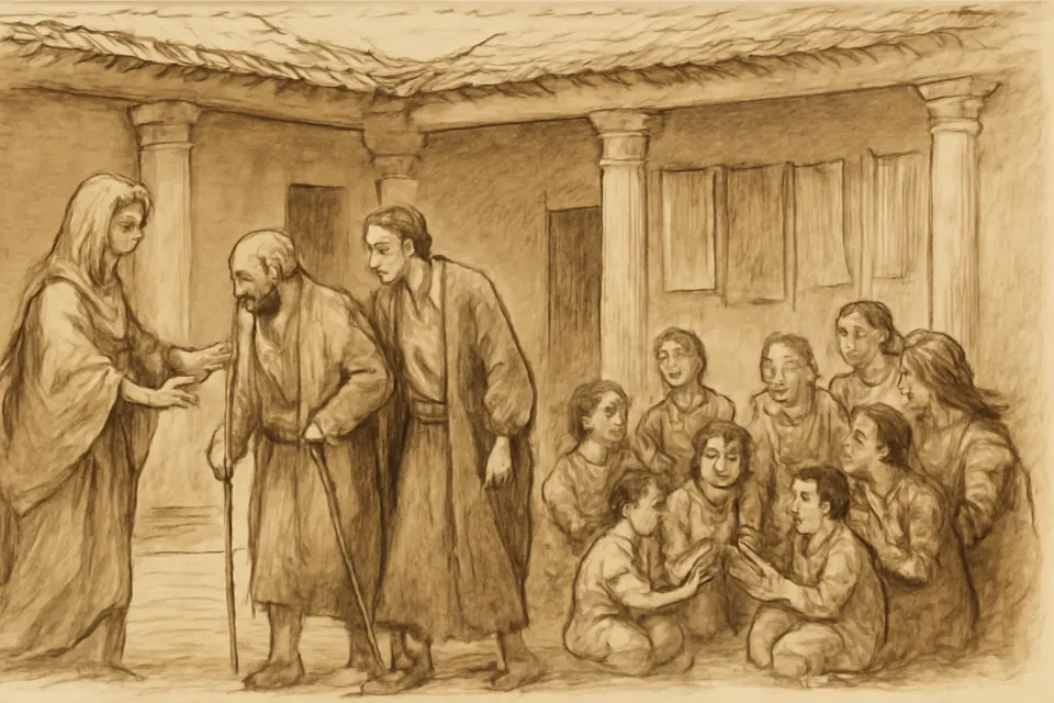 Ink-drawing-style scene of believers gathered in the courtyard of Lydia's house at Philippi to greet Paul and Silas after their release from prison