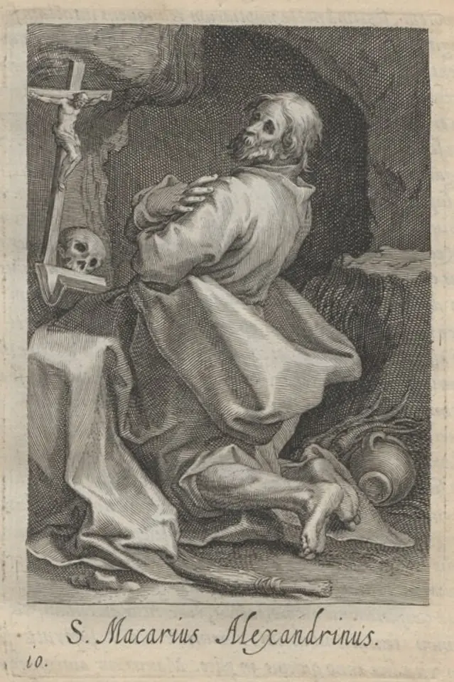 Engraving of an old hermit with a bald head kneeling in a cave, his arms crossed on his chest, before a crucifix and a skull