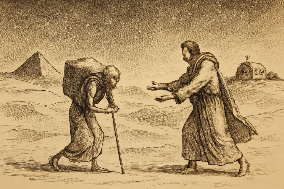 Ink-drawing-style scene of Macarius carrying a heavy basket of sand through the desert at night while a traveler offers to take it from him
