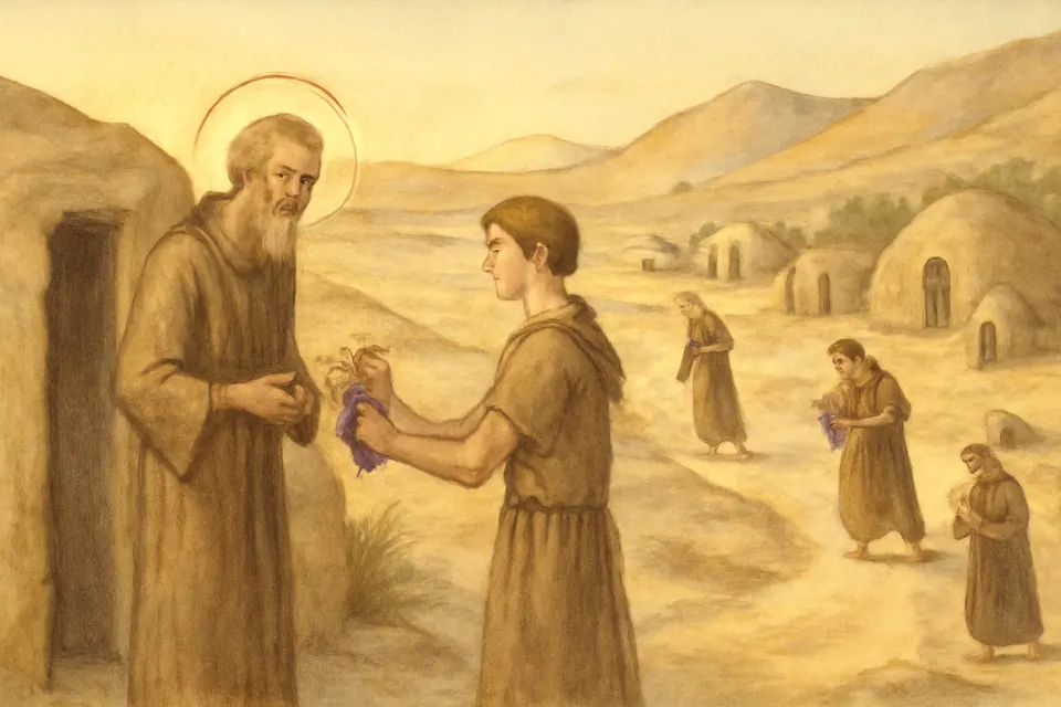 Watercolor-style scene of desert monks passing a bunch of grapes from cell to cell until it comes back to Macarius