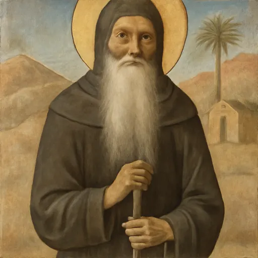 Fresco-style portrait of St. Macarius of Egypt, an old desert monk with a very long white beard, holding a staff, in a dark habit against a plain desert background