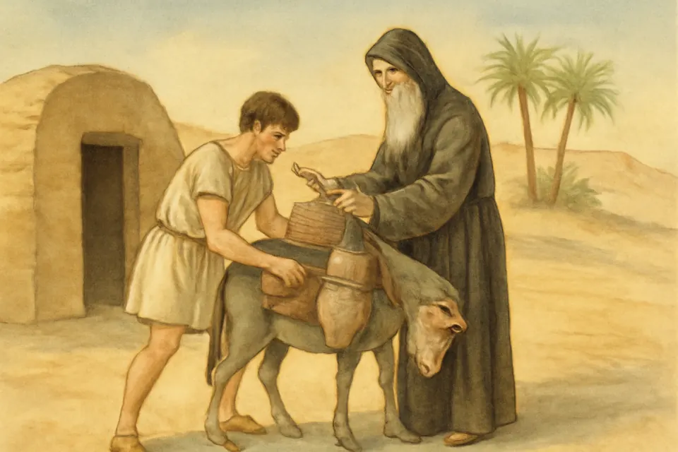 Watercolor-style scene of St. Macarius of Egypt helping a thief load his own belongings onto a donkey outside his desert cell