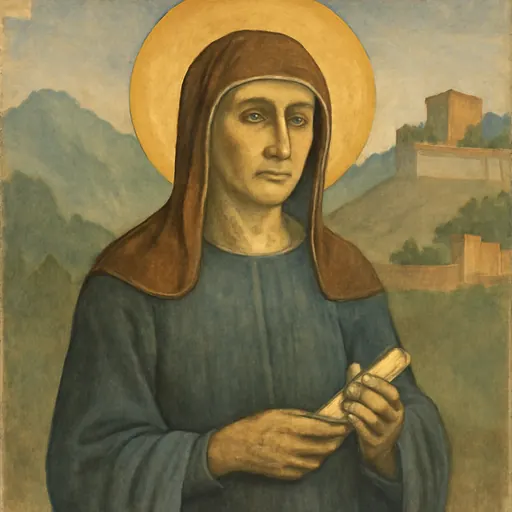 Watercolor-style portrait of St. Macrina the Elder as an elderly Cappadocian matron in a dark veil, holding a small scroll, with a gentle and steady face