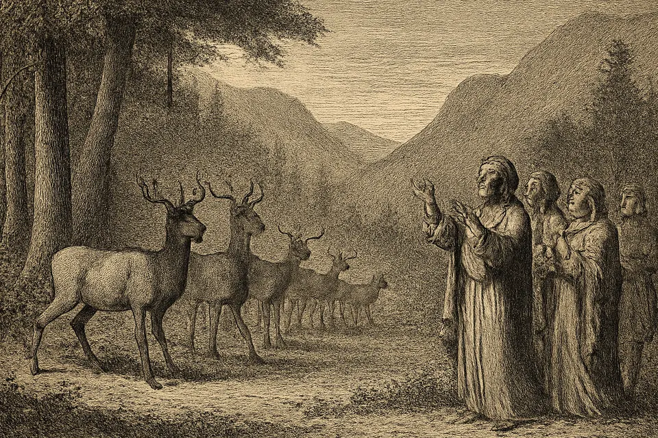 Engraving-style scene of stags coming out of the forest toward a small group of Christian refugees who raise their hands in thanksgiving