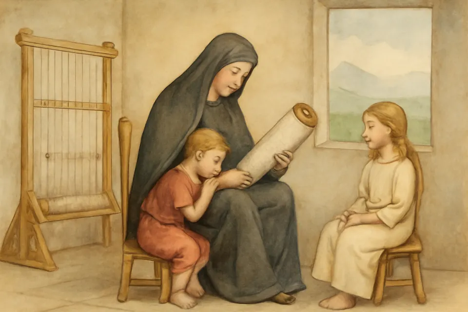 Watercolor-style scene of the elderly St. Macrina teaching her young grandson Basil from a scroll in a house in Pontus, his older sister listening beside them