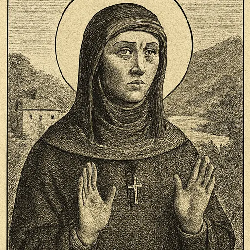 Icon-style portrait of St. Macrina the Younger as a Cappadocian nun in a dark brown habit and veil, her hands raised in prayer
