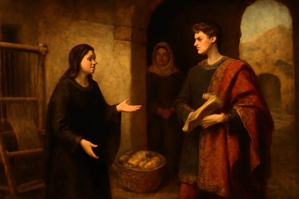 Illustration of the young St. Macrina speaking earnestly with her brother Basil, newly returned from his studies in a fine cloak, in the courtyard of the family house