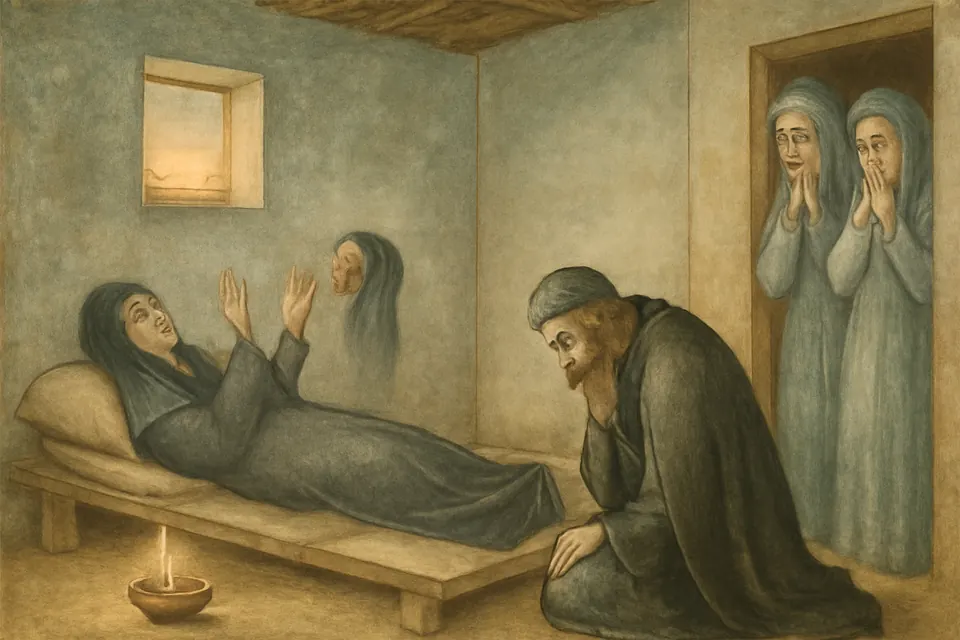 Illustration of St. Macrina lying on a plank bed, raising her hands in her last prayer as her brother Gregory kneels beside her by lamplight