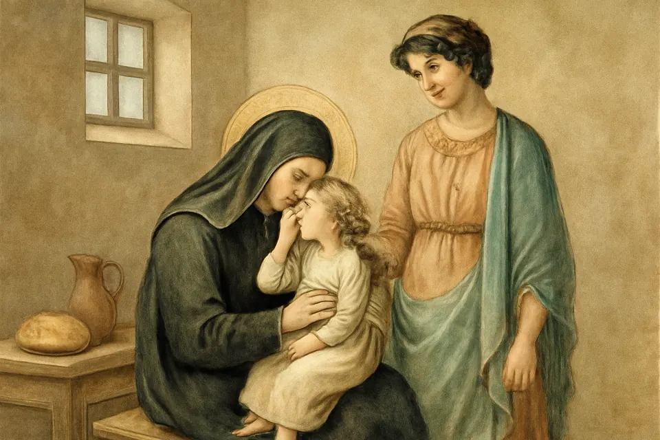 Illustration of St. Macrina holding a little girl on her lap and kissing her sore eye while the child's mother looks on