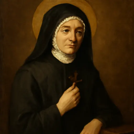 Oil-painting-style portrait of St. Madeleine Sophie Barat as a middle-aged nun in a black habit and white fluted bonnet, holding a small crucifix to her heart