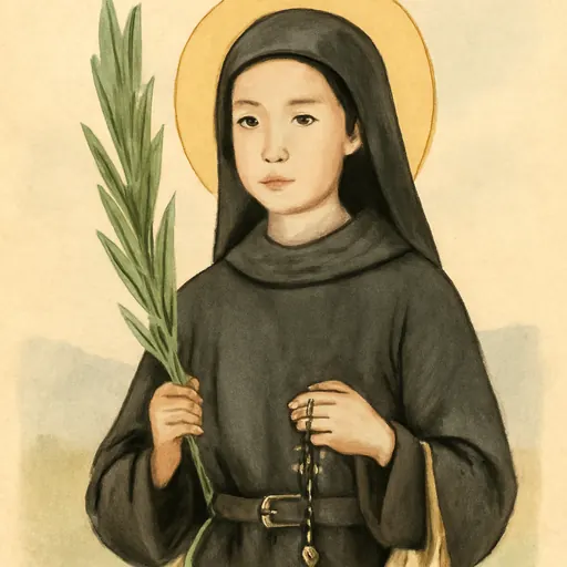 Watercolor-style portrait of St. Magdalene of Nagasaki as a young Japanese woman in a black Augustinian habit, holding a palm branch