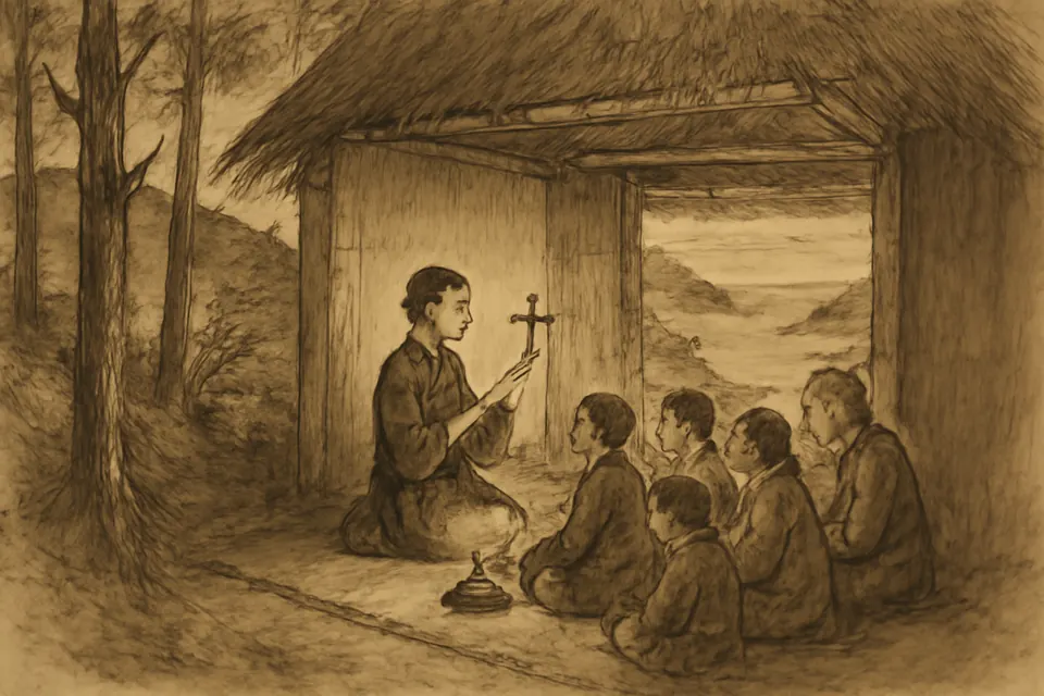 Ink-drawing-style illustration of a young Japanese woman teaching the catechism to children in a hidden hillside hut near Nagasaki