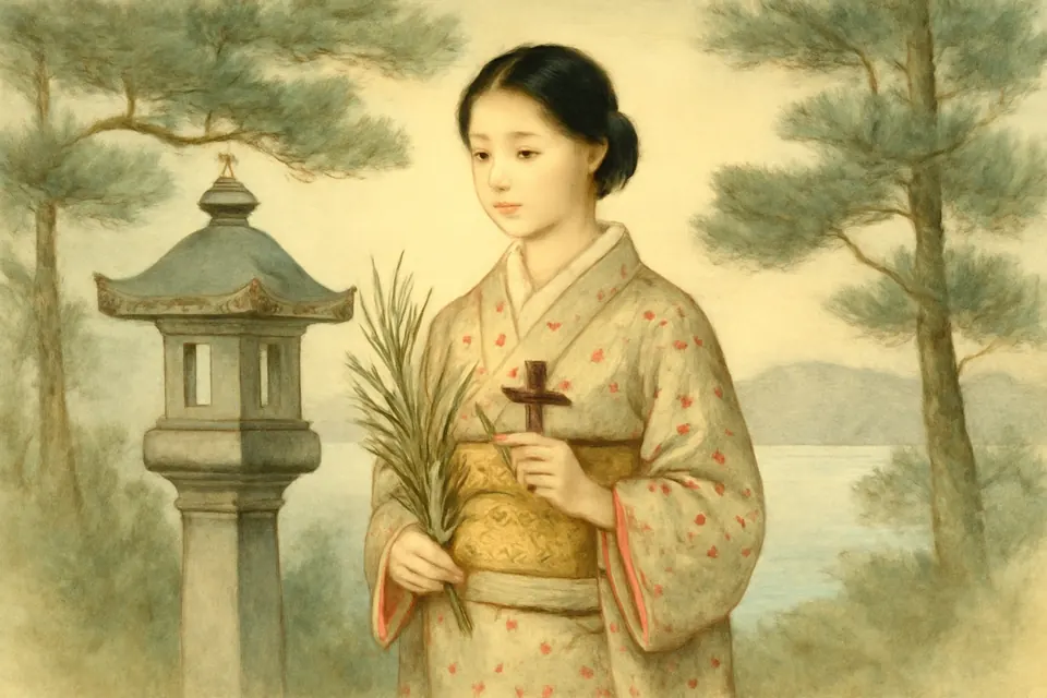 Watercolor-style figure of a young Japanese woman in a patterned kimono holding a palm and a small cross beside a stone lantern, pines and a misty bay behind