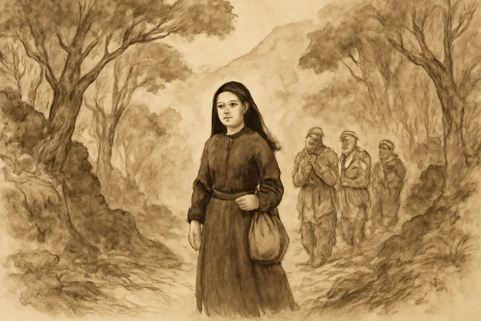 Ink-style drawing of a young Japanese woman in a black habit leading villagers along a mountain forest path to a hidden clearing