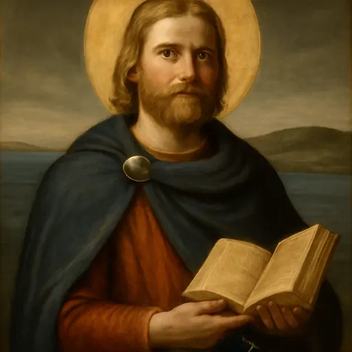 Oil-painting-style portrait of St. Magnus Erlendsson as a young Norse earl with fair hair and a short beard, in a blue mantle, holding an open psalter