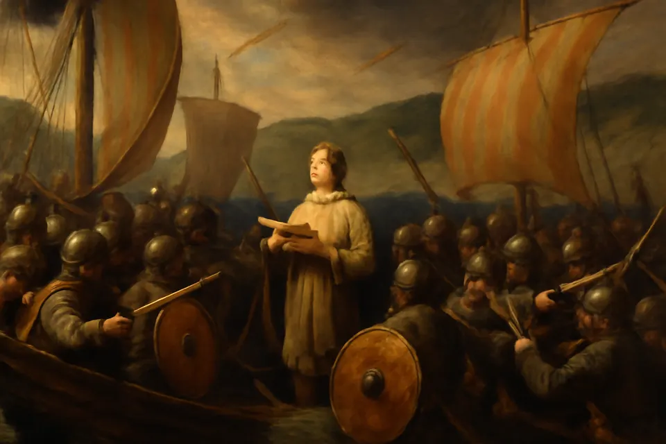 Oil-painting-style scene of a young Norseman standing unarmed on a Viking ship in battle, reading aloud from a psalter while arrows fly past