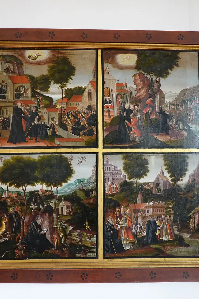 Four painted panels showing Magnus healing a blind man, killing a dragon and building the monastery of Füssen, with towns and green landscapes