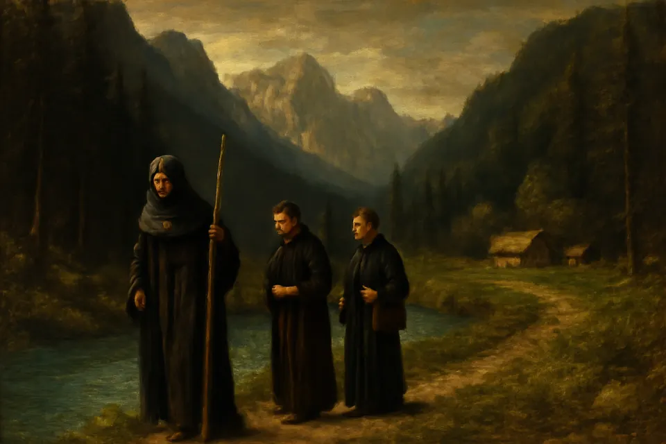 Oil-painting-style scene of a monk and two companions walking through a forested Alpine valley beside a river, carrying staffs and a satchel
