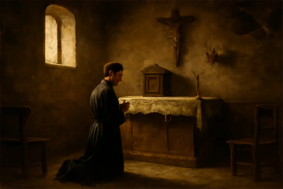 Oil-painting-style scene of young Fr. Manuel González kneeling alone before a dusty, neglected tabernacle in the village church of Palomares del Río in 1902