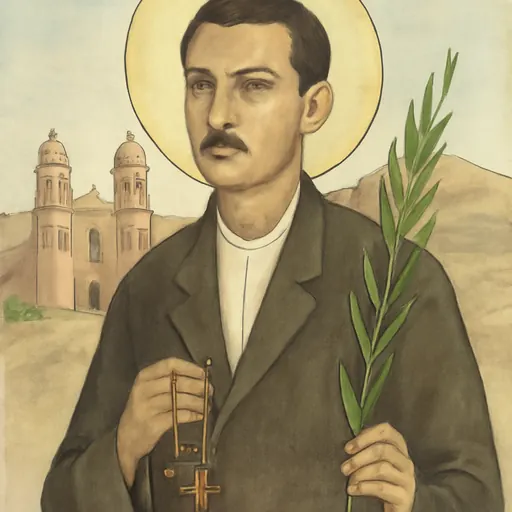 Watercolor holy-card-style portrait of St. Manuel Morales, a young Mexican husband and father in a plain dark suit, holding a rosary and a martyr's palm