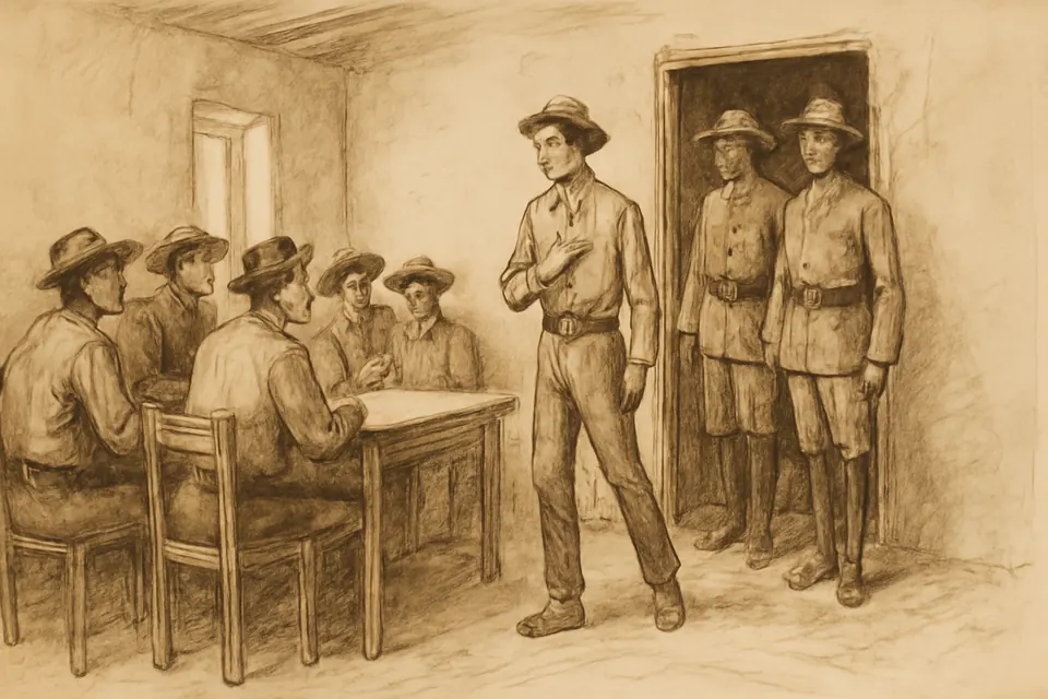 Ink-drawing-style scene of a young Mexican man stepping forward from a group of young men in a plain room as soldiers stand at the door