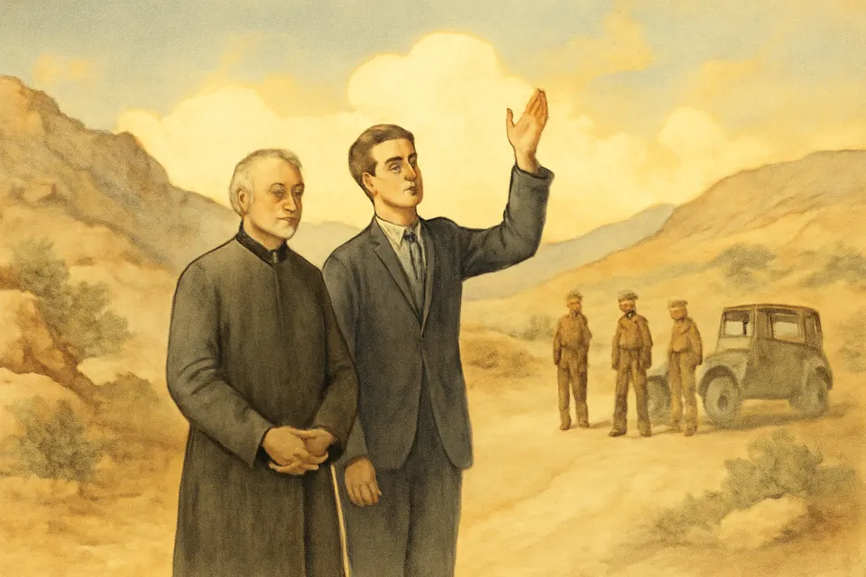 Watercolor-style scene of a priest and a young layman standing side by side on a dusty mountain road under a wide sky, the layman raising one hand
