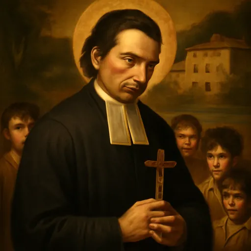 Oil-painting-style portrait of St. Marcellin Champagnat as a French country priest in a black cassock with white bands, holding a crucifix, children and a stone house behind him