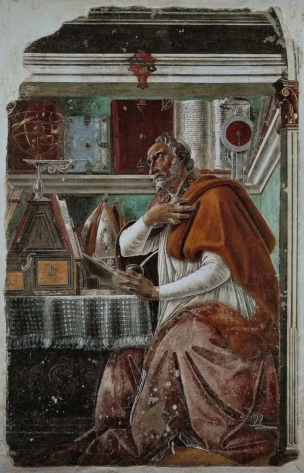 Fresco of a bearded bishop in a red cope seated at a desk among books and instruments, hand on his chest, gazing upward in thought